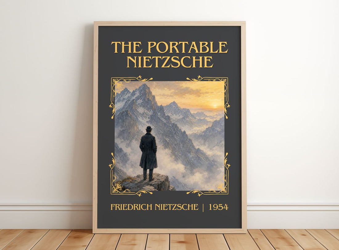The portable Nietzsche Classic Book Art Print by Friedrich Nietzsche – framed print leaning on a wooden floor