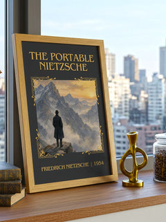 The portable Nietzsche Classic Book Art Print by Friedrich Nietzsche – framed print on a city-view windowsill