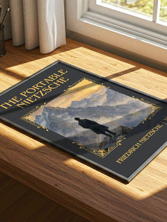 The portable Nietzsche Classic Book Art Print by Friedrich Nietzsche – print on a sunlit desk