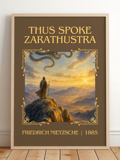 Thus Spoke Zarathustra Classic Book Art Print by Friedrich Nietzsche – framed print leaning on a wooden floor