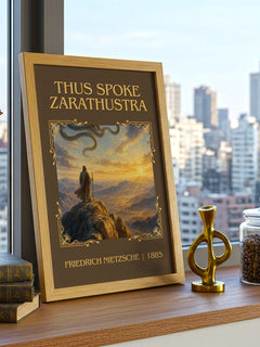 Thus Spoke Zarathustra Classic Book Art Print by Friedrich Nietzsche – framed print on a city-view windowsill