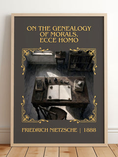 On the genealogy of morals.  Ecce Homo Classic Book Art Print by Friedrich Nietzsche – framed print leaning on a wooden floor