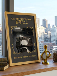 On the genealogy of morals.  Ecce Homo Classic Book Art Print by Friedrich Nietzsche – framed print on a city-view windowsill