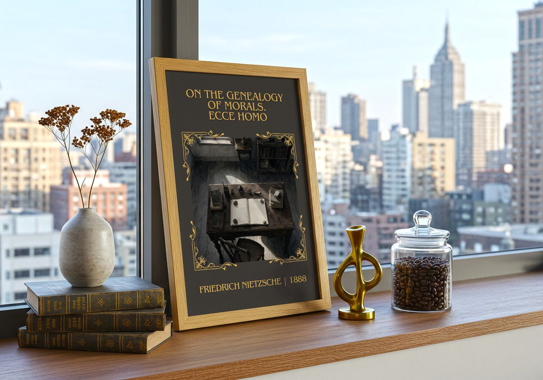 On the genealogy of morals.  Ecce Homo Classic Book Art Print by Friedrich Nietzsche – framed print on a city-view windowsill