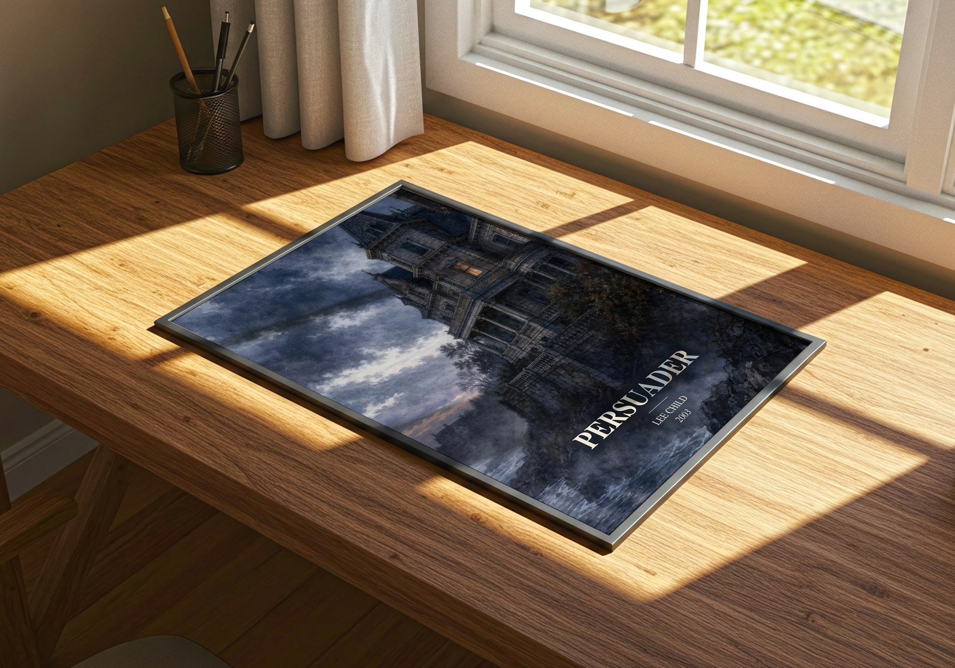 Persuader watercolour book poster framed on wall – thriller wall art