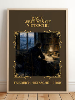 Basic writings of Nietzsche Classic Book Art Print by F. Nietzsche – framed print leaning on a wooden floor