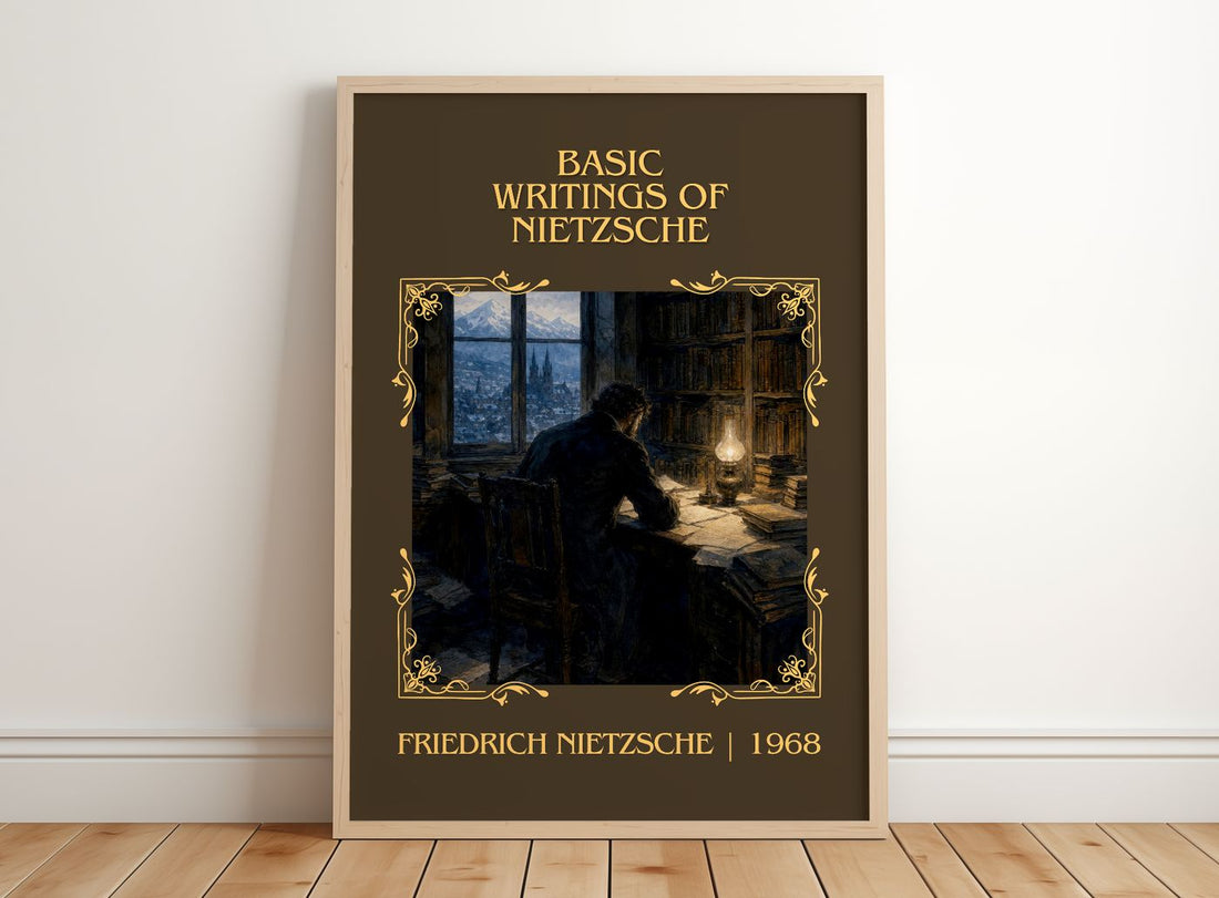 Basic writings of Nietzsche Classic Book Art Print by F. Nietzsche – framed print leaning on a wooden floor
