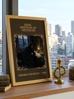 Basic writings of Nietzsche Classic Book Art Print by F. Nietzsche – framed print on a city-view windowsill