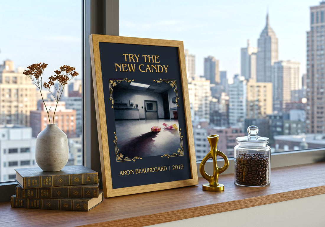 Try the New Candy Classic Book Art Print by Aron Beauregard – framed print on a city-view windowsill
