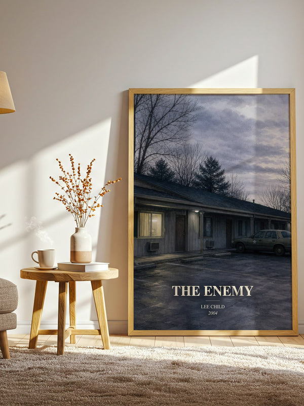 The Enemy watercolour print in frame leaning in hallway – thriller wall art