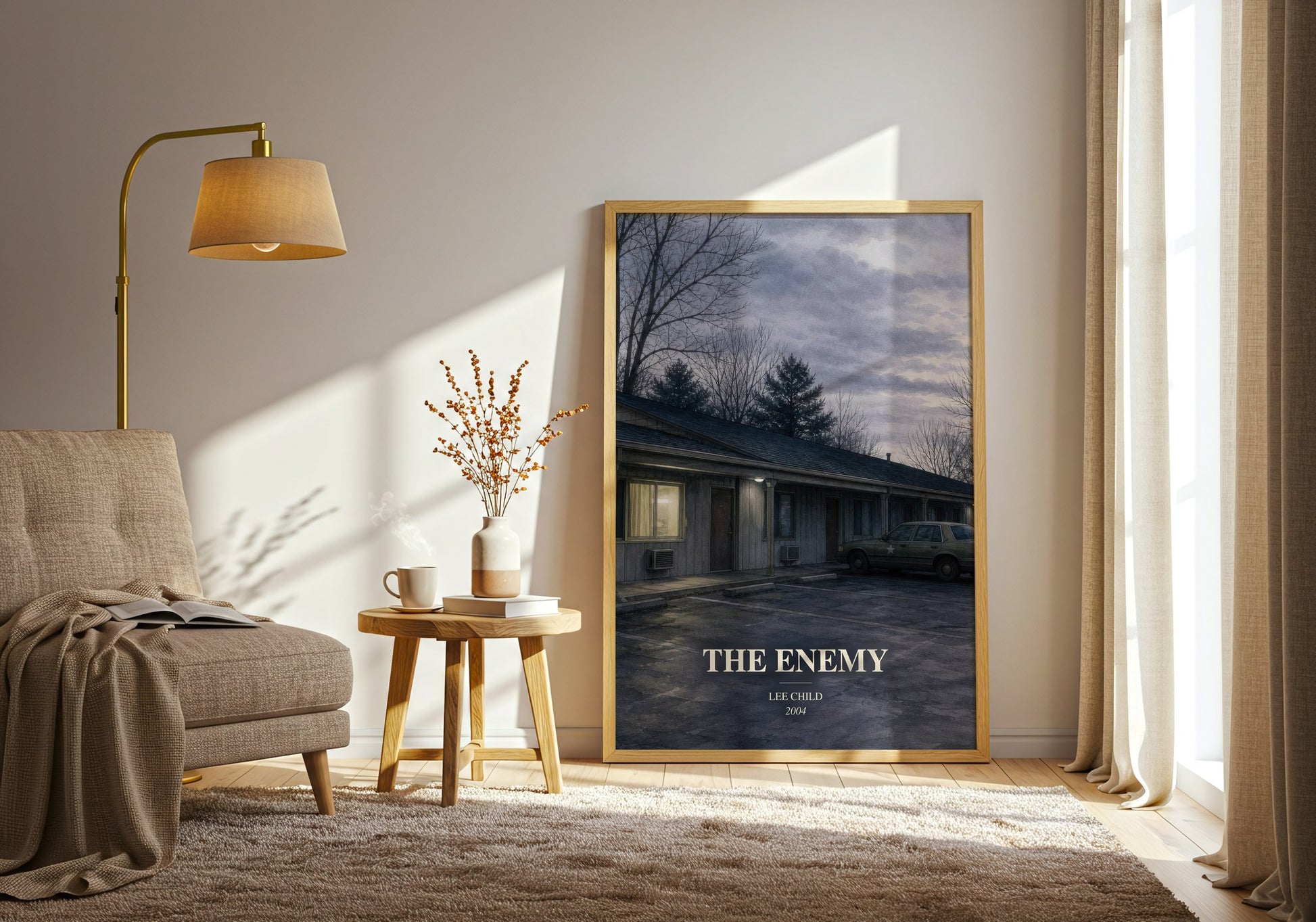 The Enemy watercolour print in frame leaning in hallway – thriller wall art