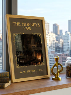 The monkey's paw Classic Book Art Print by W. W. Jacobs – framed print on a city-view windowsill