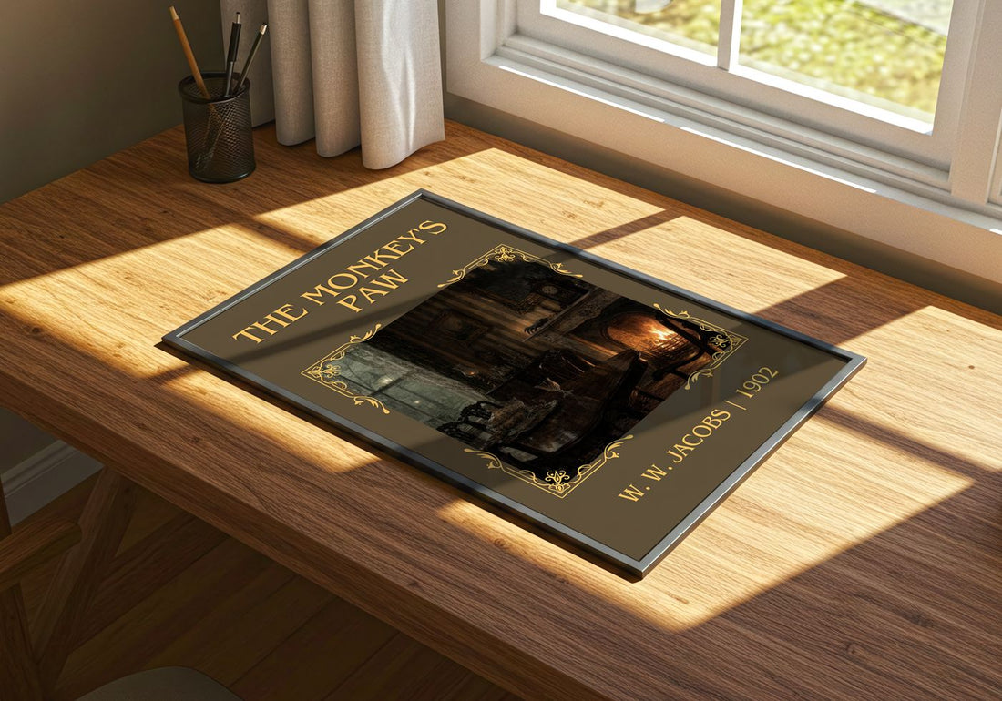 The monkey's paw Classic Book Art Print by W. W. Jacobs – print on a sunlit desk