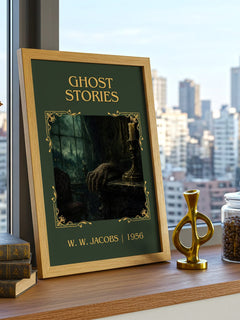 Ghost Stories Classic Book Art Print by W. W. Jacobs – framed print on a city-view windowsill