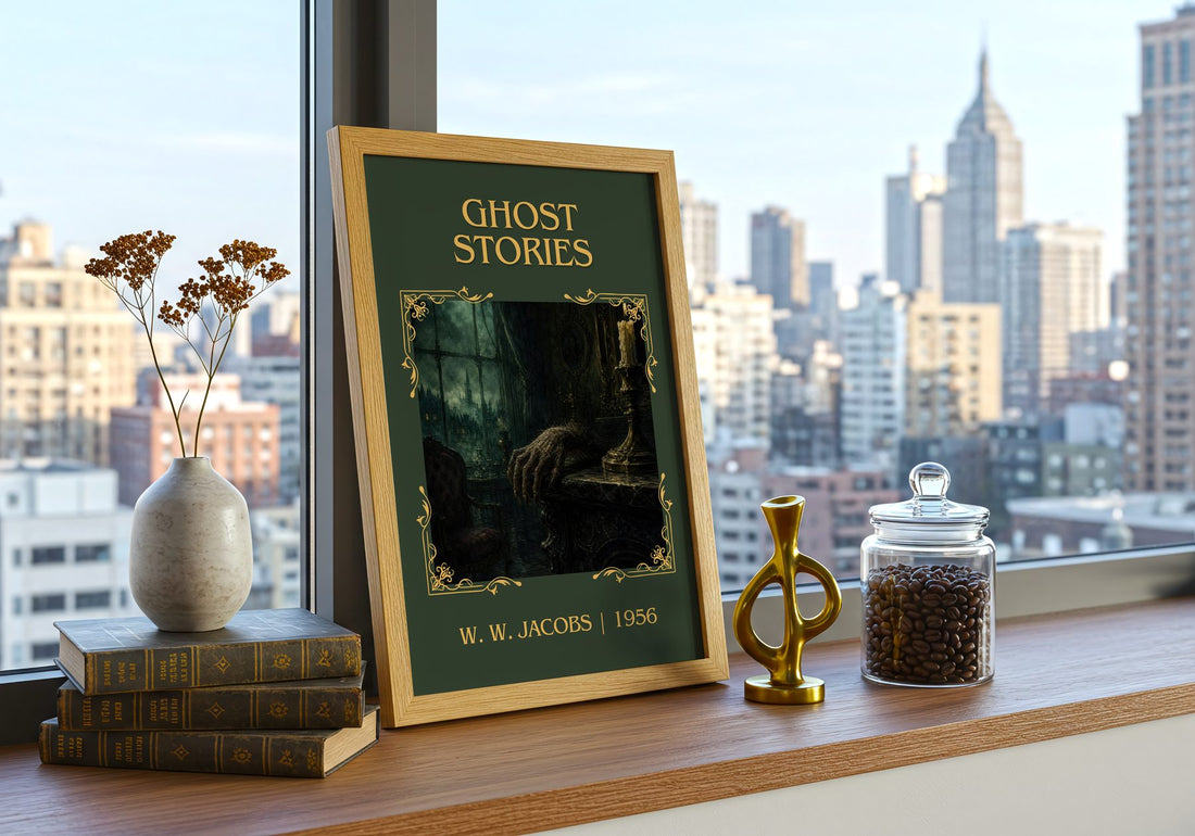 Ghost Stories Classic Book Art Print by W. W. Jacobs – framed print on a city-view windowsill
