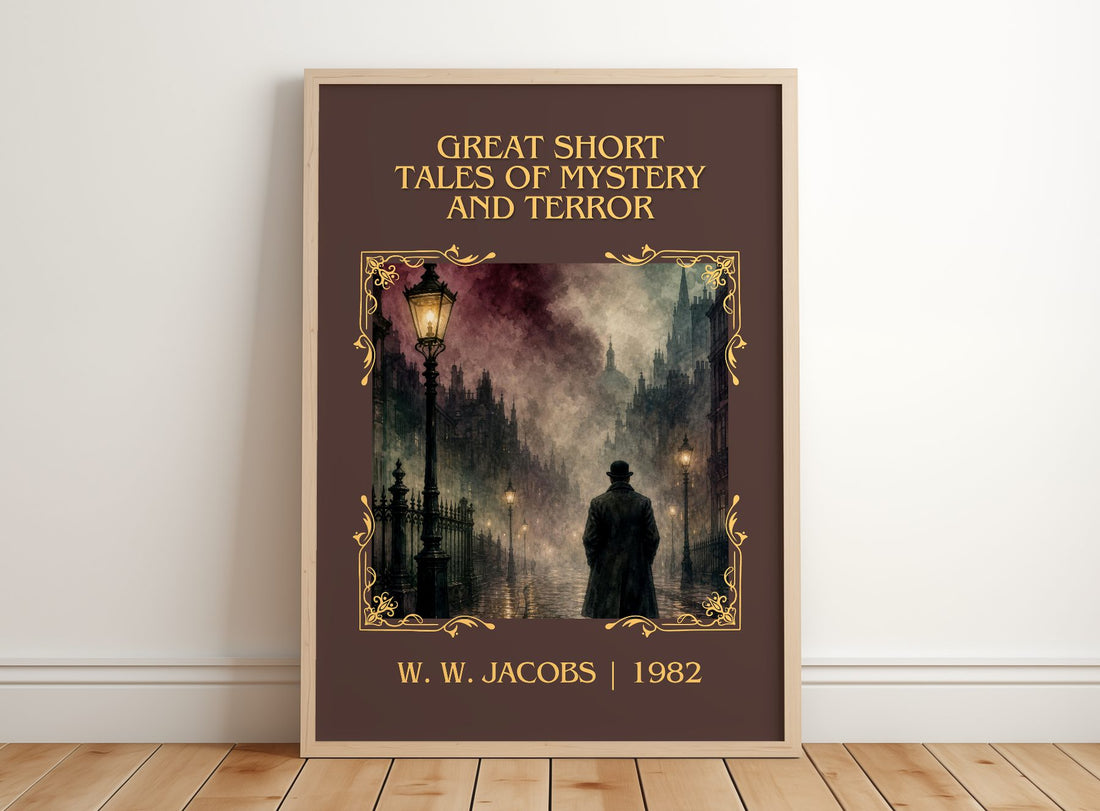 Great Short Tales of Mystery and Terror Classic Book Art Print by W. W. Jacobs – framed print leaning on a wooden floor