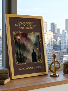 Great Short Tales of Mystery and Terror Classic Book Art Print by W. W. Jacobs – framed print on a city-view windowsill