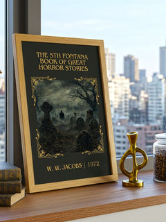 The 5th Fontana Book of Great Horror Stories Classic Book Art Print by W. W. Jacobs – framed print on a city-view windowsill