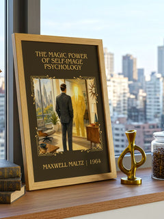The Magic Power of Self-Image Psychology Classic Book Art Print by Maxwell Maltz – framed print on a city-view windowsill