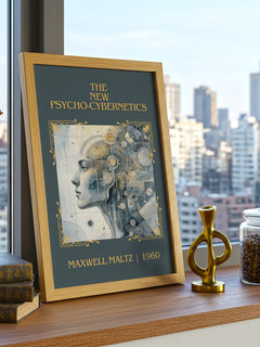 The New Psycho-Cybernetics Classic Book Art Print by Maxwell Maltz – framed print on a city-view windowsill