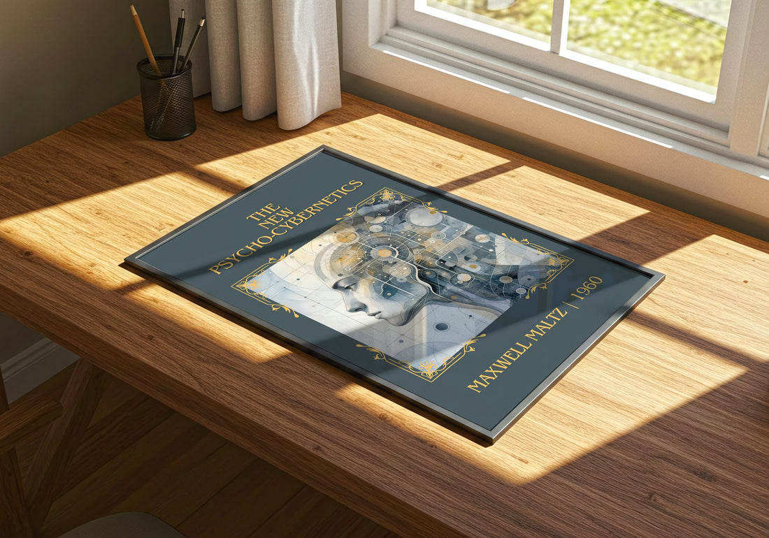 The New Psycho-Cybernetics Classic Book Art Print by Maxwell Maltz – print on a sunlit desk