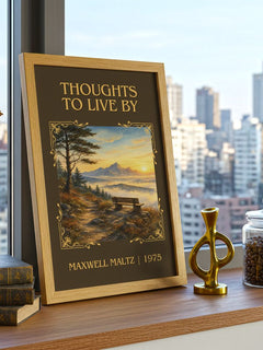 Thoughts to live by Classic Book Art Print by Maxwell Maltz – framed print on a city-view windowsill