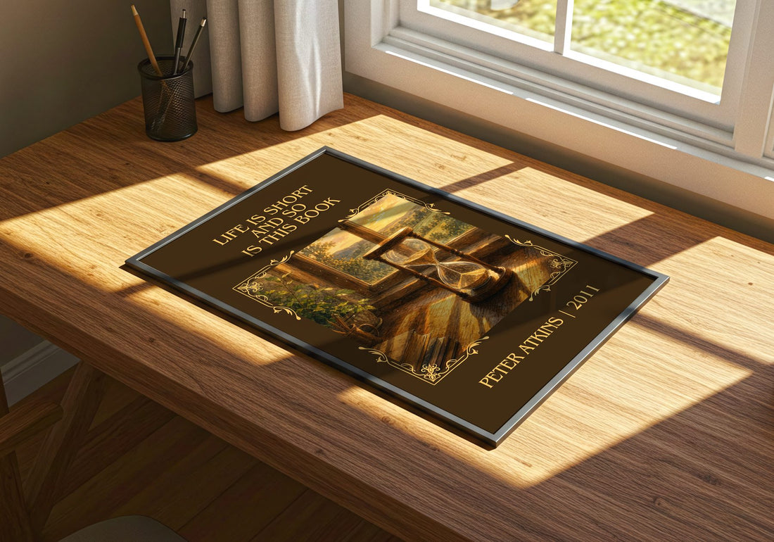Life Is Short And So Is This Book Classic Book Art Print by P. Atkins – print on a sunlit desk