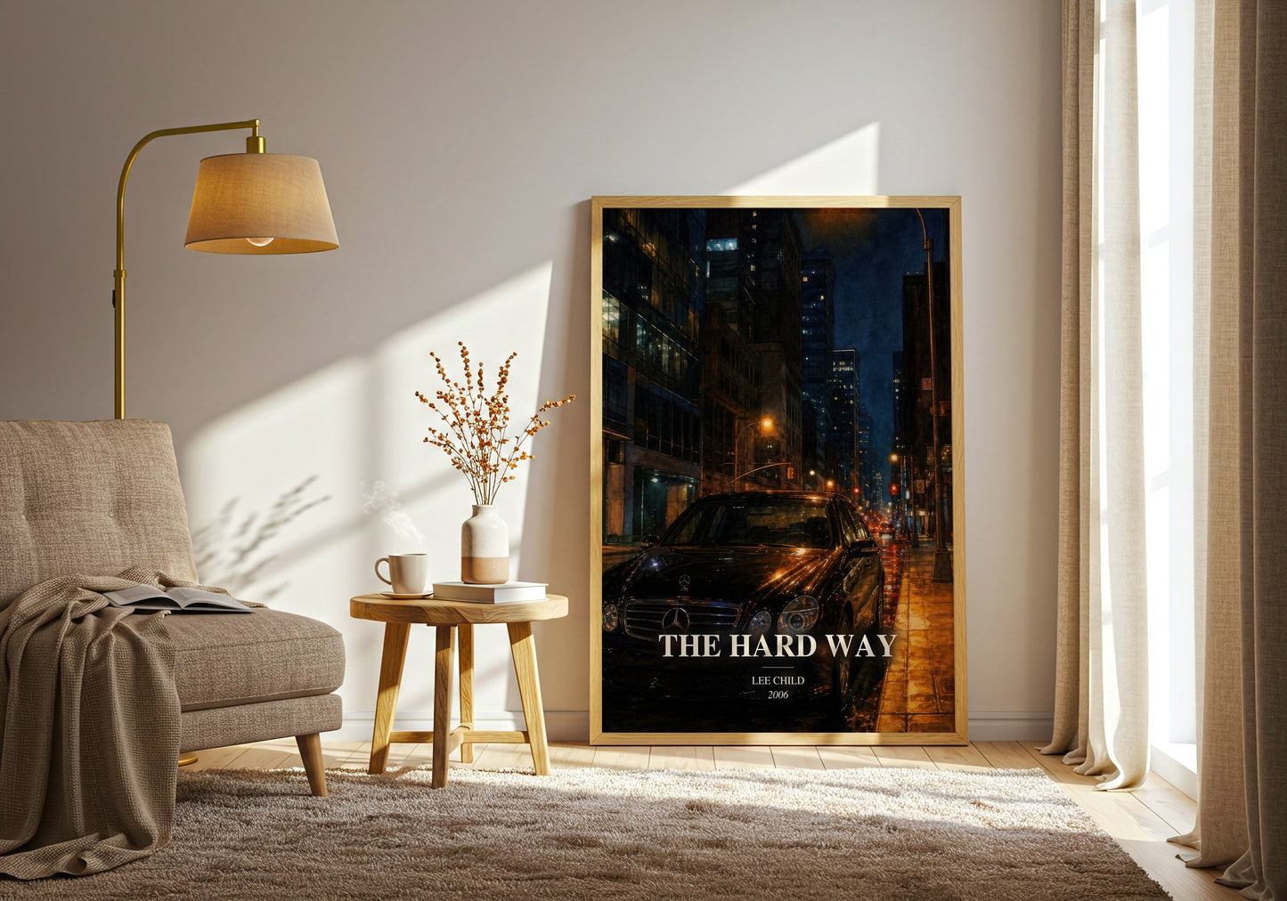 The Hard Way watercolour print in frame leaning in hallway – thriller wall art