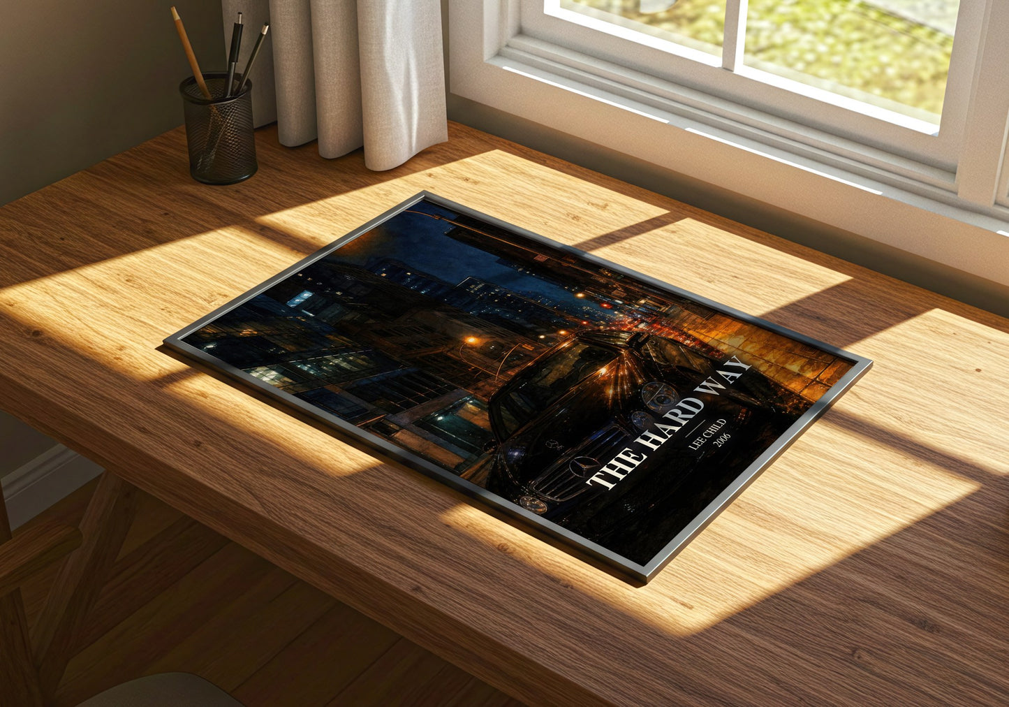 The Hard Way watercolour book poster framed on wall – thriller wall art