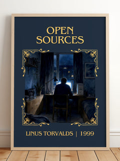Open sources Classic Book Art Print by Linus Torvalds – framed print leaning on a wooden floor