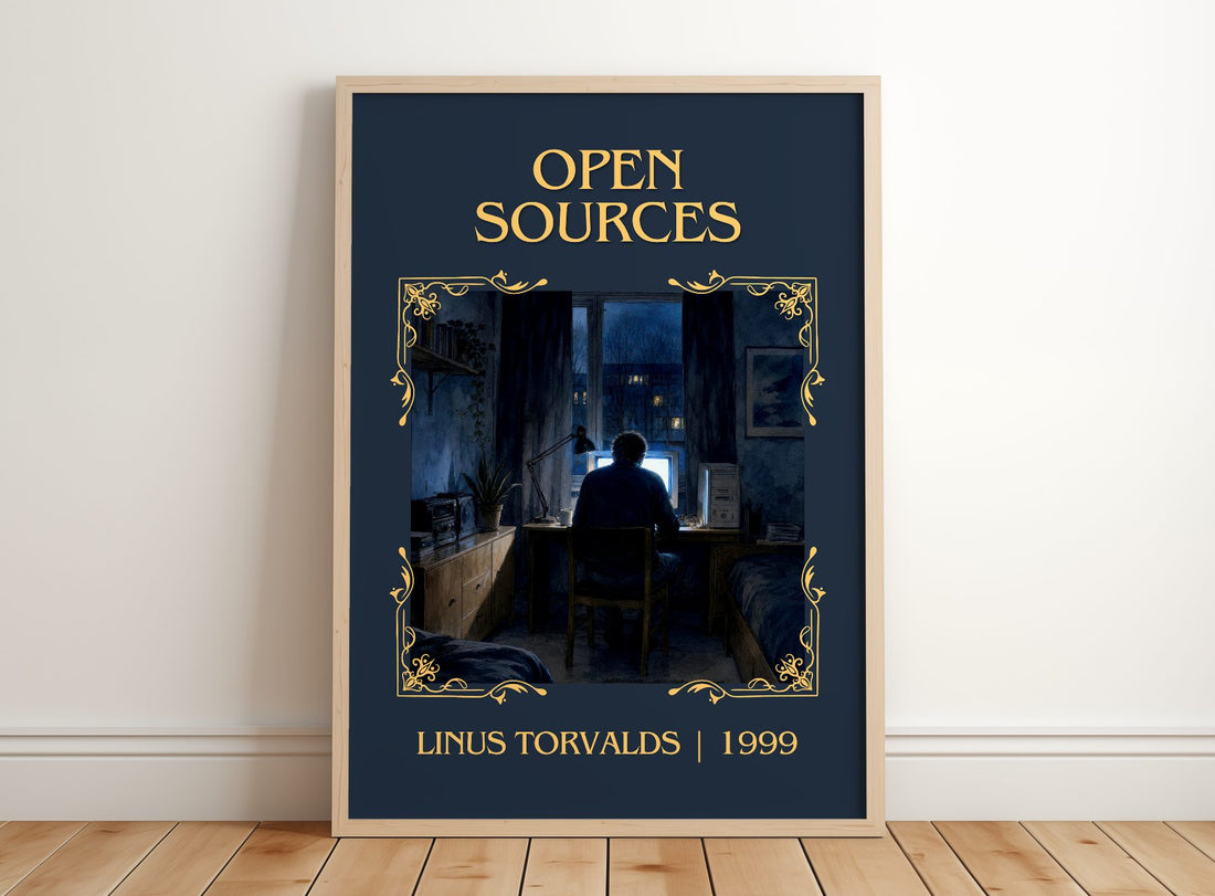 Open sources Classic Book Art Print by Linus Torvalds – framed print leaning on a wooden floor