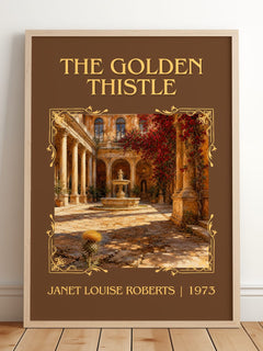 The Golden Thistle Classic Book Art Print by Janet Louise Roberts – framed print leaning on a wooden floor