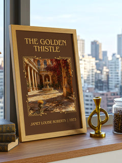 The Golden Thistle Classic Book Art Print by Janet Louise Roberts – framed print on a city-view windowsill