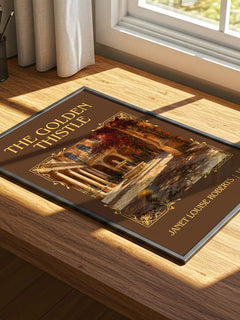 The Golden Thistle Classic Book Art Print by Janet Louise Roberts – print on a sunlit desk