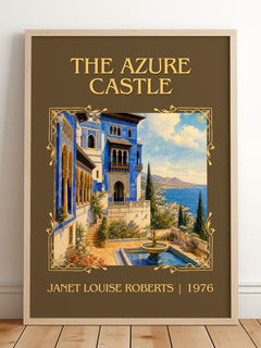 The Azure Castle Classic Book Art Print by Janet Louise Roberts – framed print leaning on a wooden floor