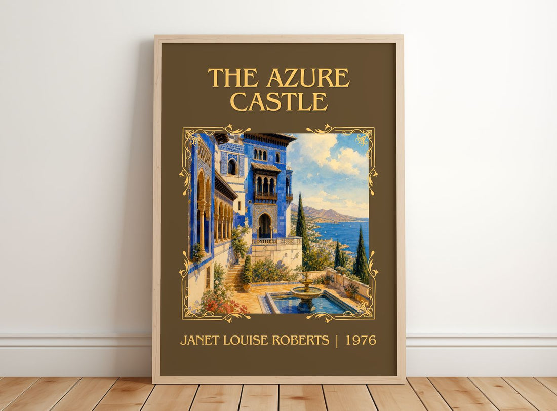 The Azure Castle Classic Book Art Print by Janet Louise Roberts – framed print leaning on a wooden floor