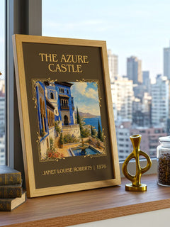 The Azure Castle Classic Book Art Print by Janet Louise Roberts – framed print on a city-view windowsill
