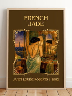 French Jade Classic Book Art Print by Janet Louise Roberts – framed print leaning on a wooden floor