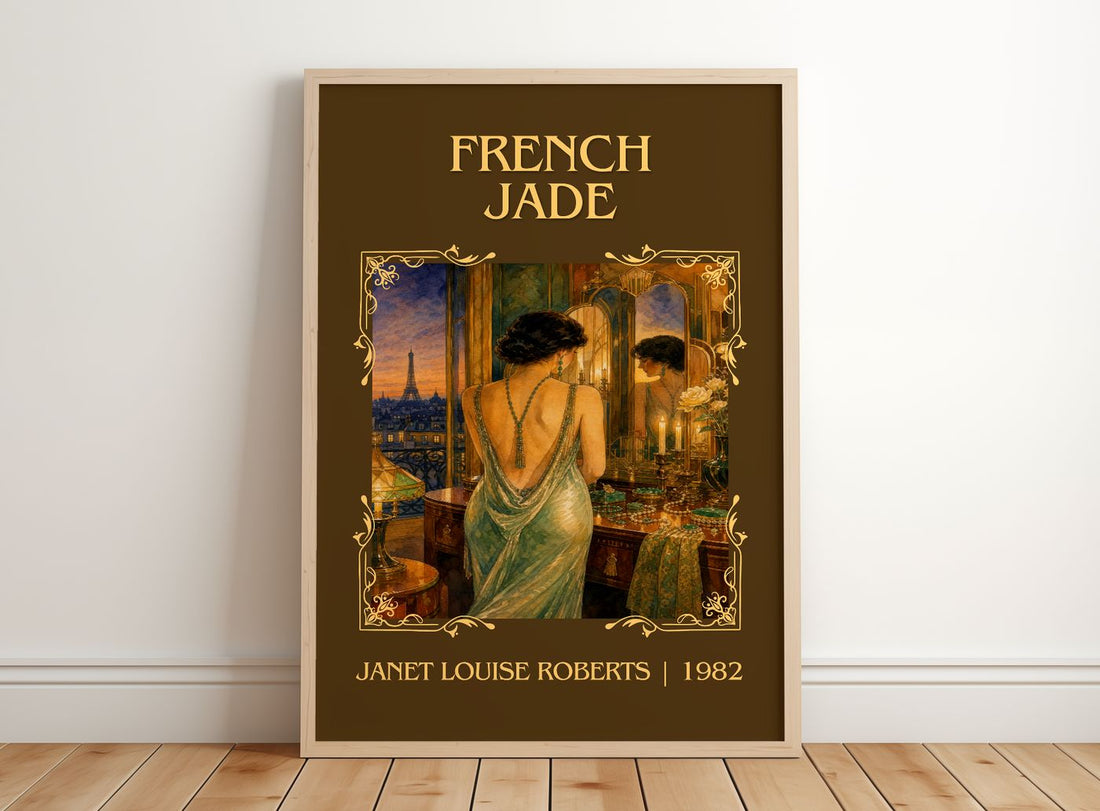 French Jade Classic Book Art Print by Janet Louise Roberts – framed print leaning on a wooden floor