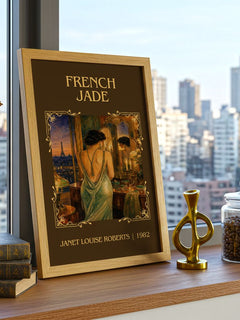 French Jade Classic Book Art Print by Janet Louise Roberts – framed print on a city-view windowsill