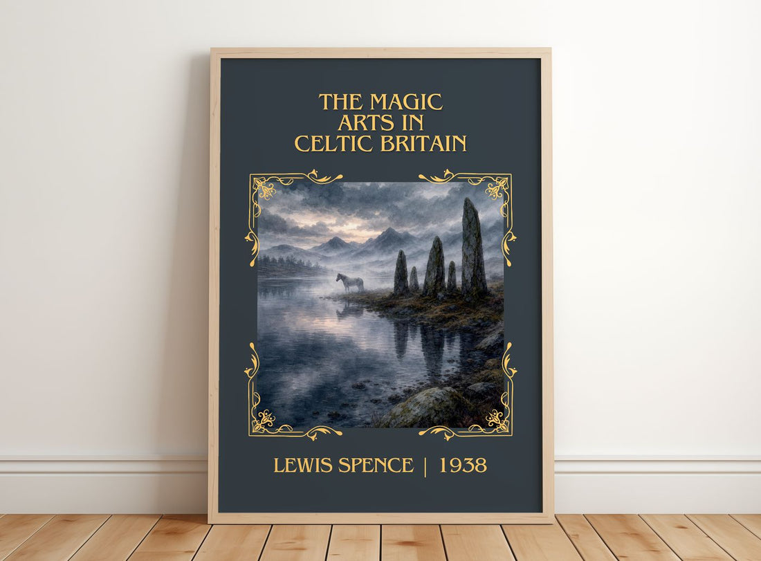 magic arts in Celtic Britain Classic Book Art Print by Lewis Spence – framed print leaning on a wooden floor