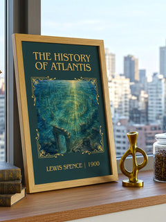 The history of Atlantis Classic Book Art Print by Lewis Spence – framed print on a city-view windowsill