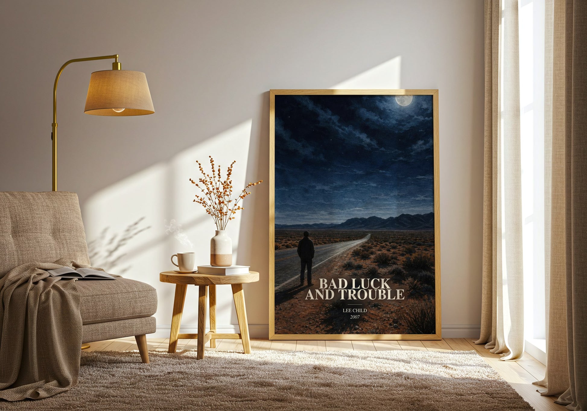 Bad Luck And Trouble watercolour print in frame leaning in hallway – thriller wall art