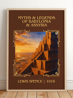 Myths & legends of Babylonia & Assyria Classic Book Art Print by Lewis Spence – framed print leaning on a wooden floor