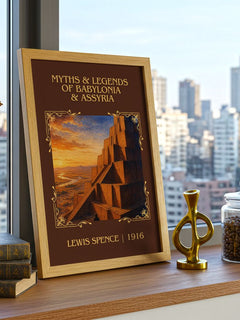 Myths & legends of Babylonia & Assyria Classic Book Art Print by Lewis Spence – framed print on a city-view windowsill