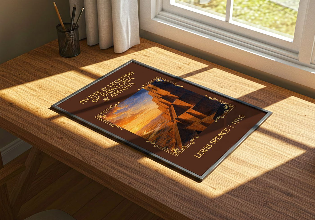Myths & legends of Babylonia & Assyria Classic Book Art Print by Lewis Spence – print on a sunlit desk