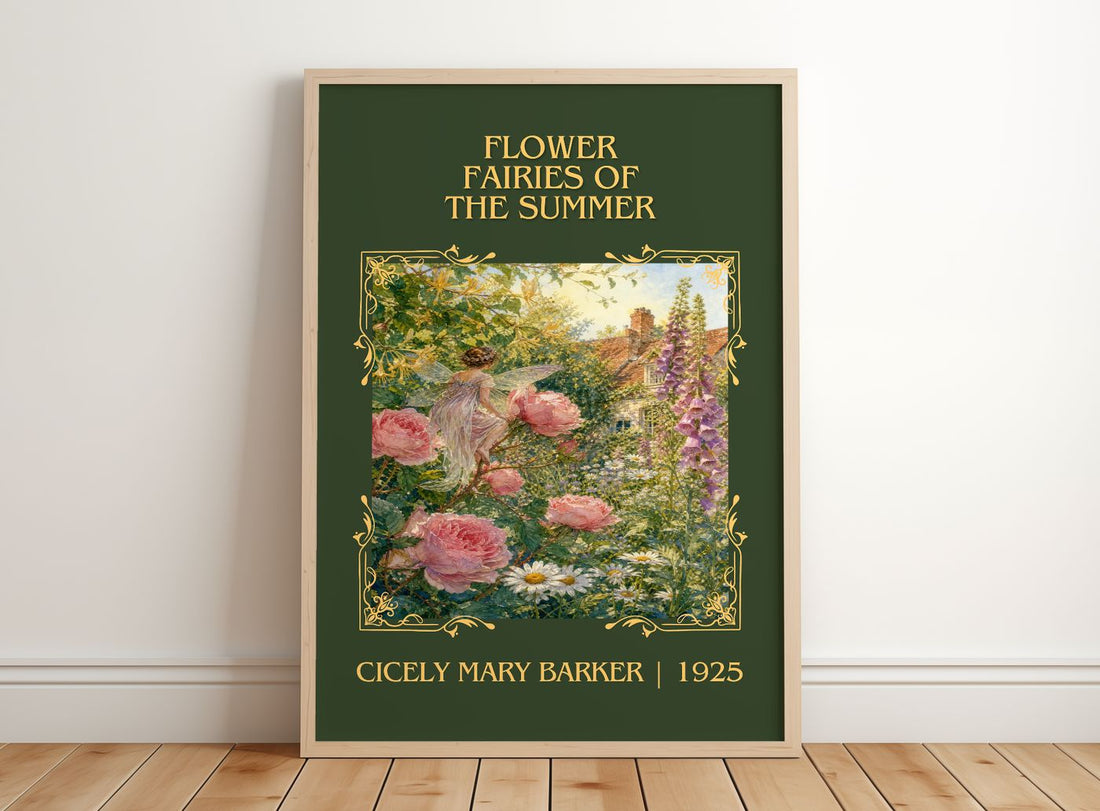 Flower Fairies of the Summer Classic Book Art Print by C. Barker – framed print leaning on a wooden floor