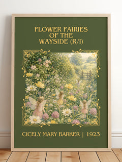 Flower Fairies of the Wayside (R/I) Classic Book Art Print by Cicely Mary Barker – framed print leaning on a wooden floor