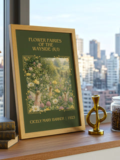 Flower Fairies of the Wayside (R/I) Classic Book Art Print by Cicely Mary Barker – framed print on a city-view windowsill
