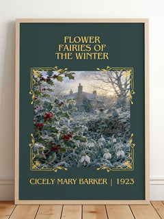 Flower Fairies of the Winter Classic Book Art Print by C. Barker – framed print leaning on a wooden floor